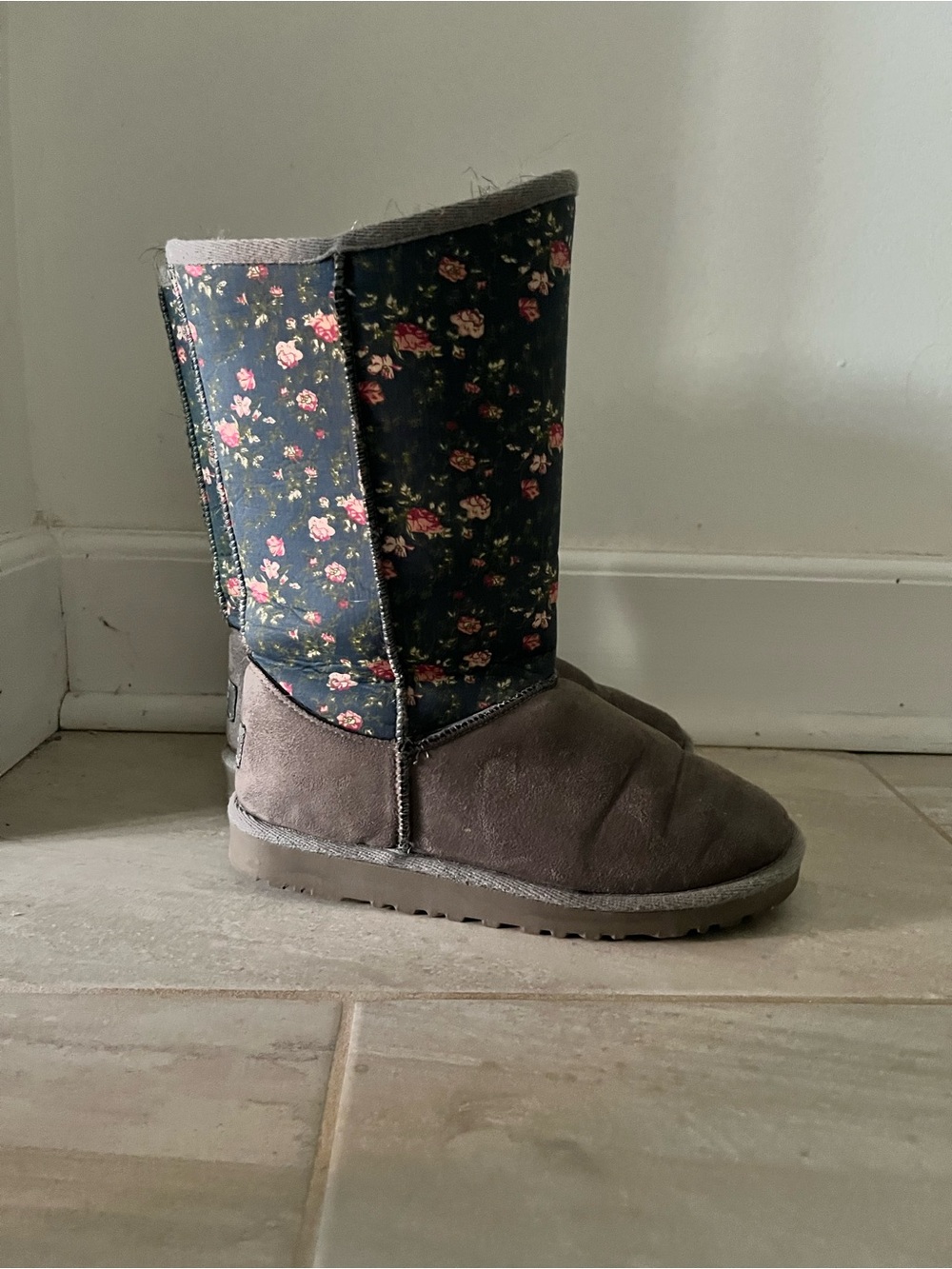 Floral Tall Winter Boot in Brown and Navy